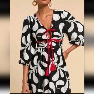 Elegant Black and White Dress with Red Accents EUC Size 12